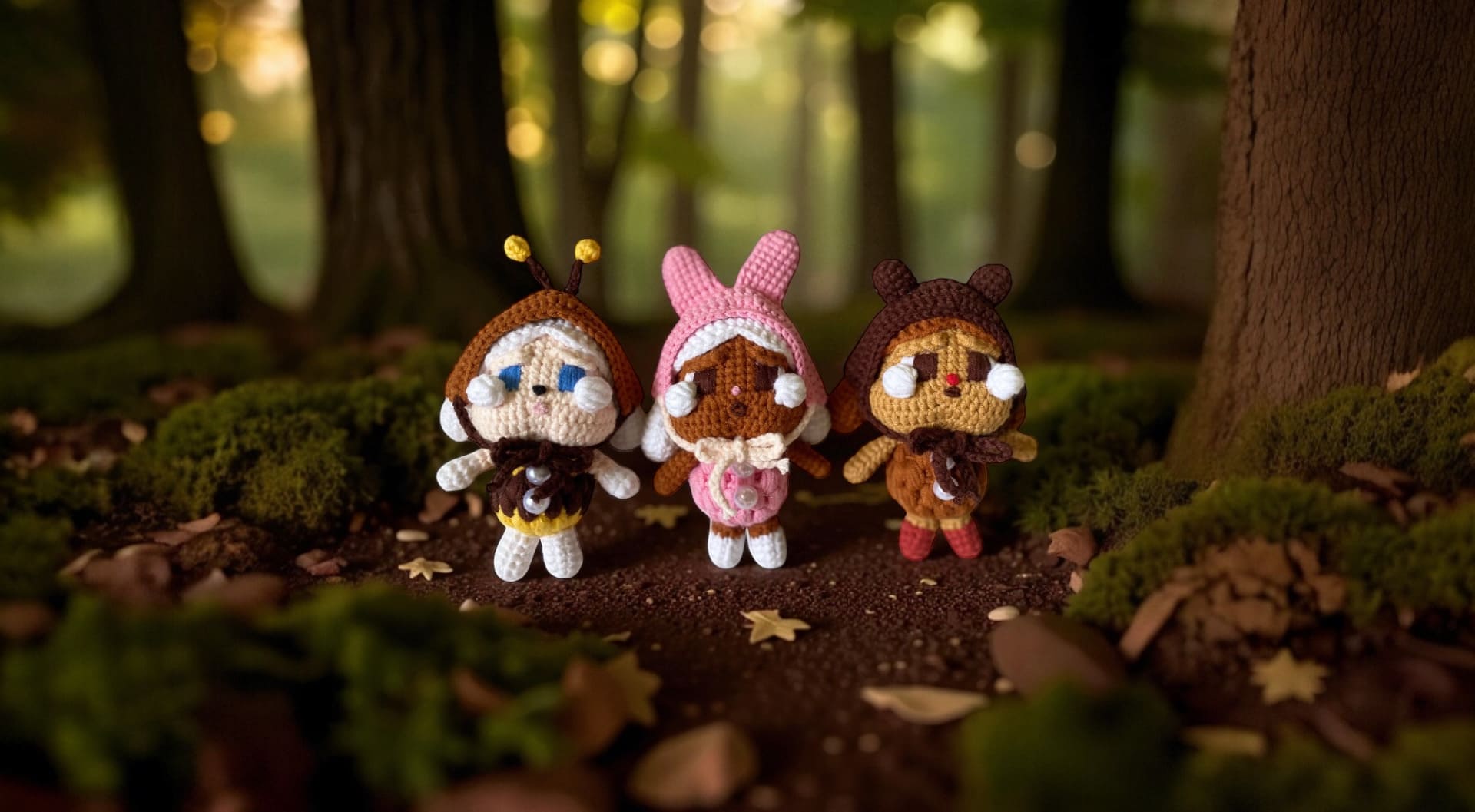 Crybaby Animal Trio – Bee, Bunny & Bear Set (Availability Status: Ready to Ship, Color Styles: Earth Tones (Brown, olive green, mustard, terracotta, cream...), Size: Small (5–6” / 13–15 cm))